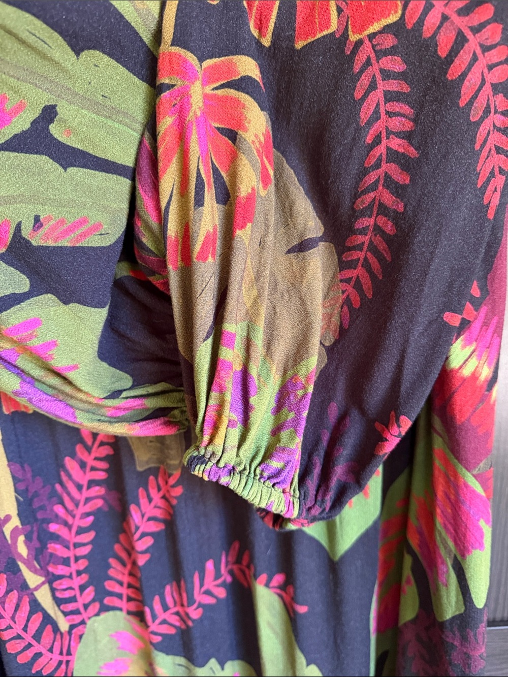 FARM Rio Black Maxi Dress with Pink & Green Tropical Print boho Vibes - Picture 6 of 11